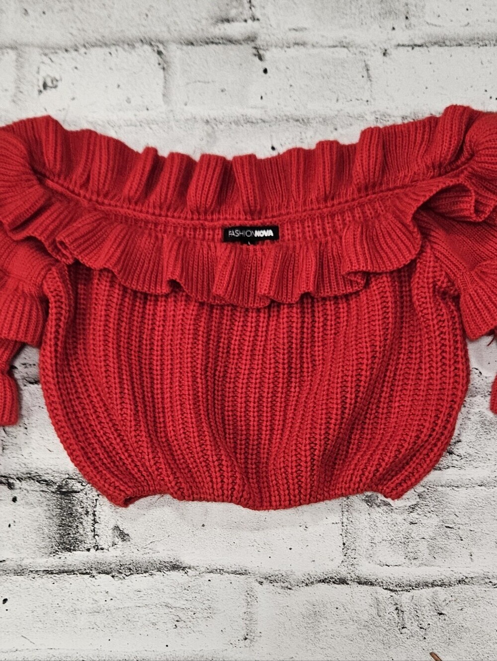 Fashion Nova Red Off Shoulder Ruffle Sleeve Knit Crop Sweater Top L - Picture 6 of 9